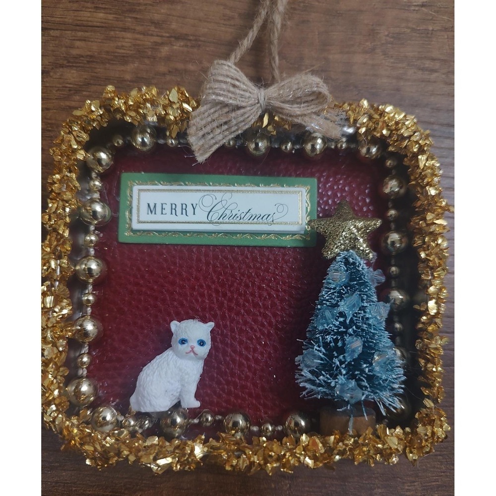 Cat Christmas Ornament Handmade Vtg Style OOAK Miniature Tobacco Tin Diorama